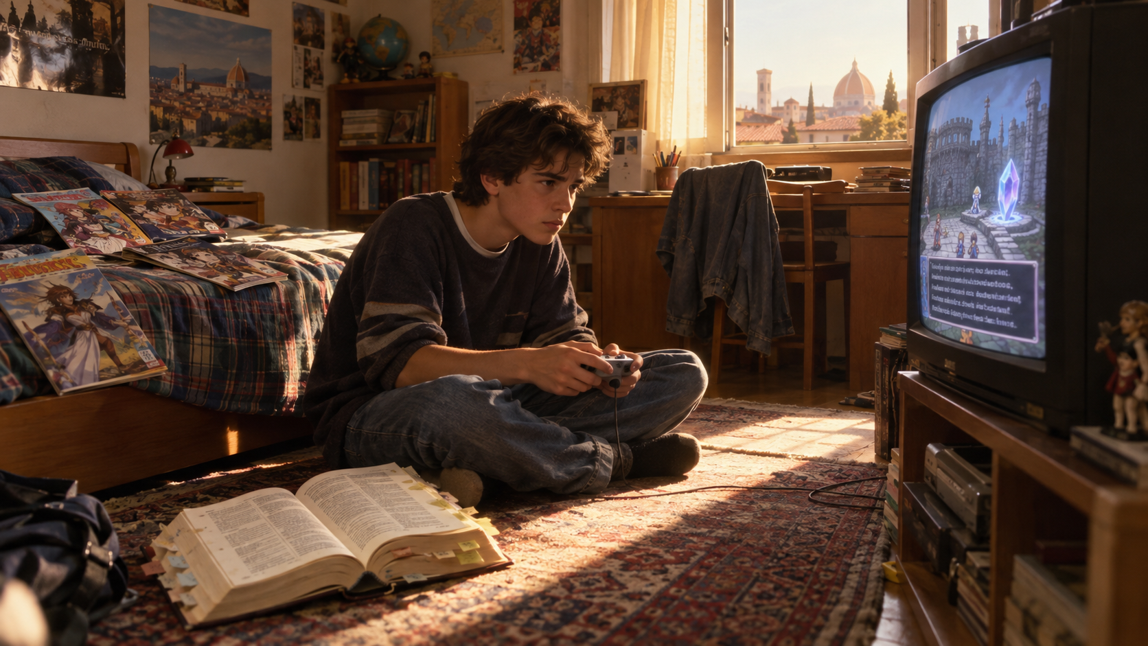 Ragazzo negli anni Novanta che gioca a un gioco di ruolo giapponese in inglese con il dizionario accanto