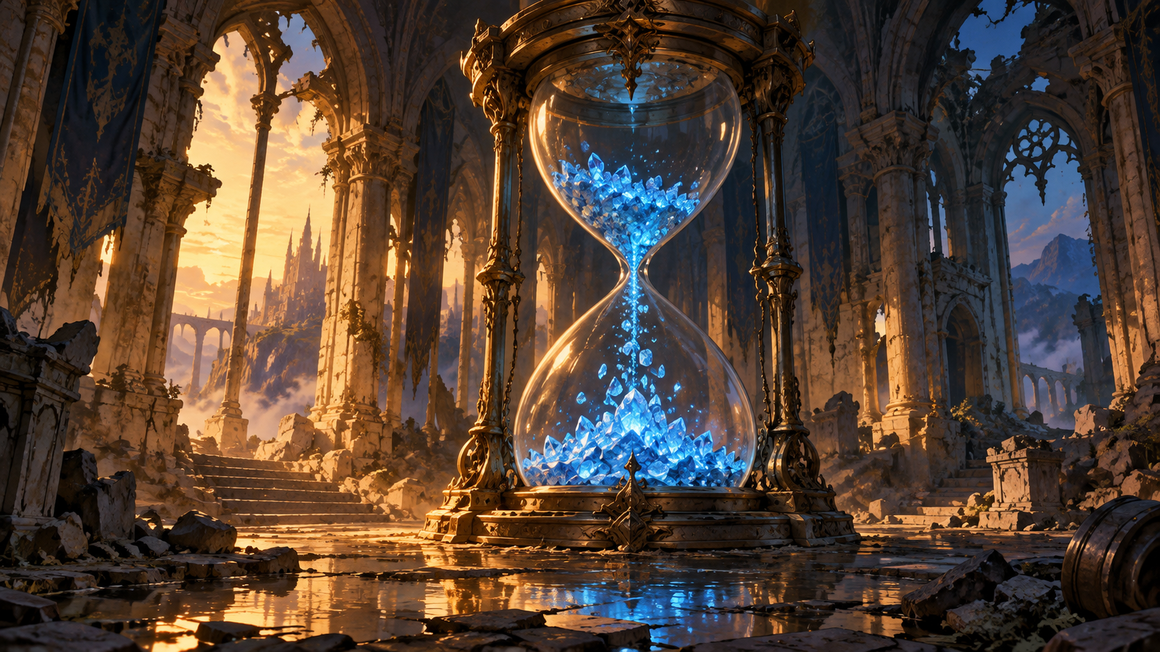 Clessidra piena di cristalli azzurri in una sala in rovina, per il Final Fantasy più bello e il più lungo