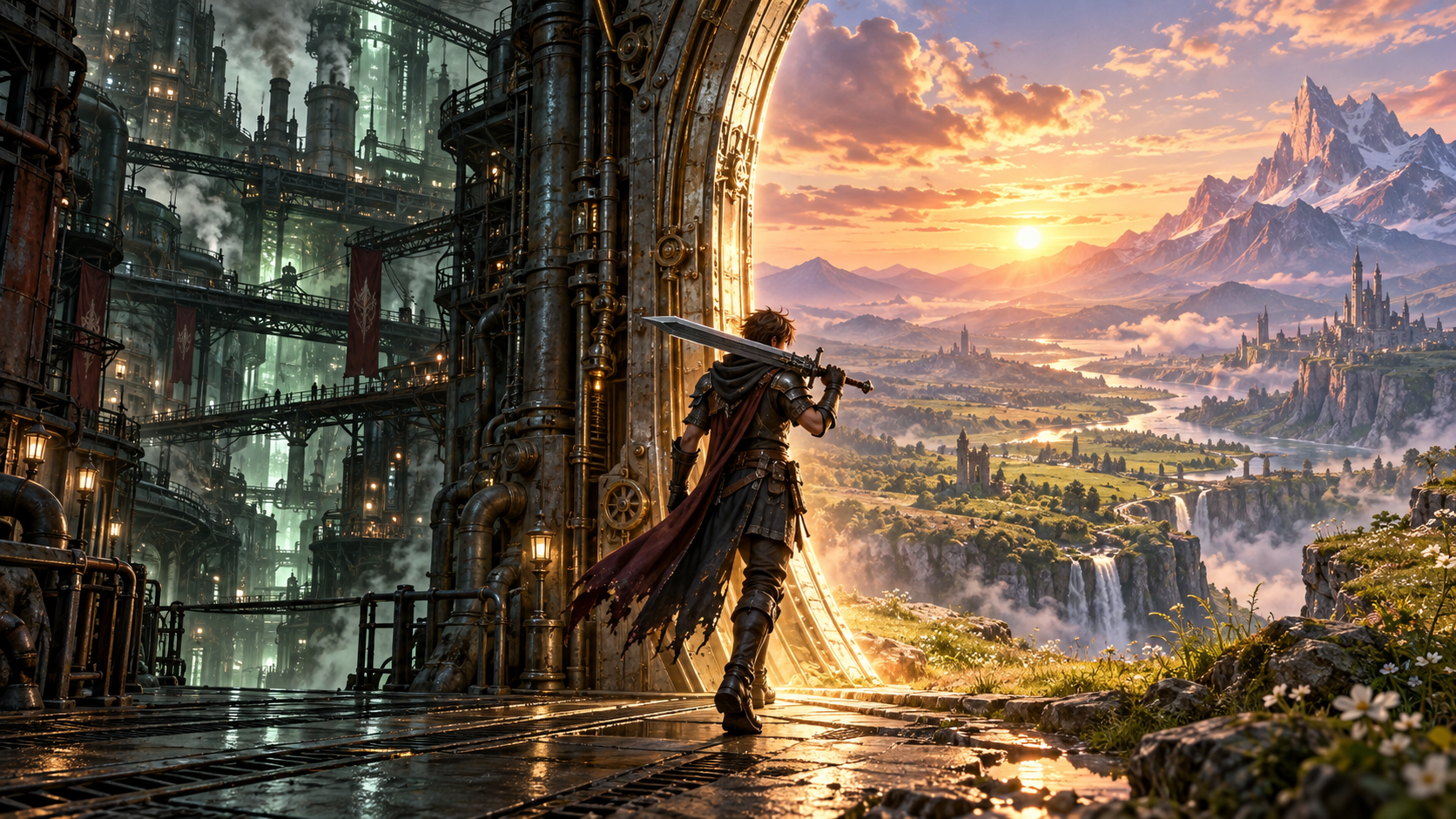 Spadaccino che esce da una metropoli industriale verso un mondo aperto, come nel passaggio da Final Fantasy VII Remake a Rebirth