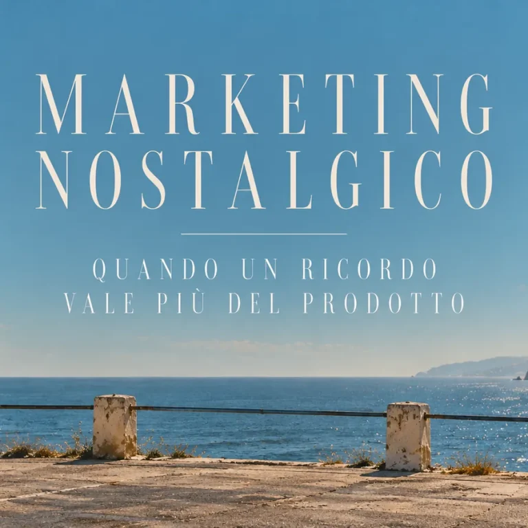 Fiat 500 d’epoca con valigia sul portapacchi davanti al mare, immagine simbolo del marketing nostalgico